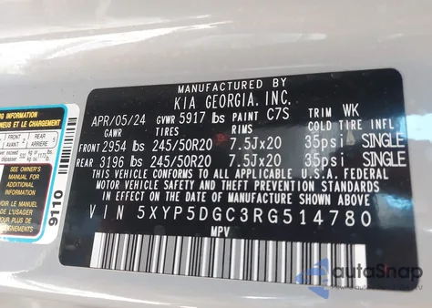 2024 Kia Telluride Sx Prestige X-Line z USA, uszkodzony, nr VIN 5XYP5DGC3RG514780